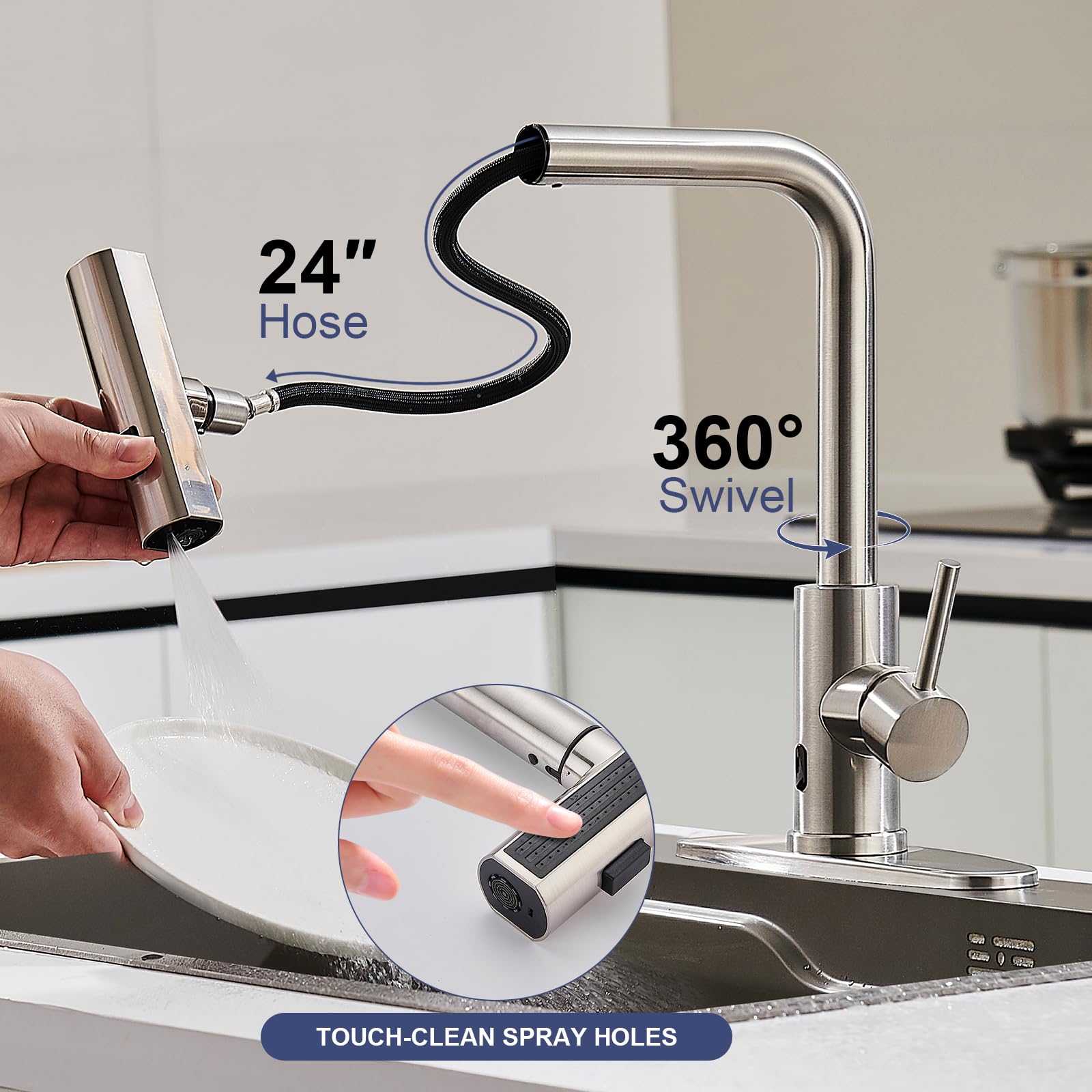 Brushed Nickel Kitchen Faucets with Pull Down Sprayer & Soap Dispenser, Single Hole & Handle, Pull Out Tap, Waterfall Stainless Steel Sink Faucet for Farmhouse Camper Laundry Rv Bar