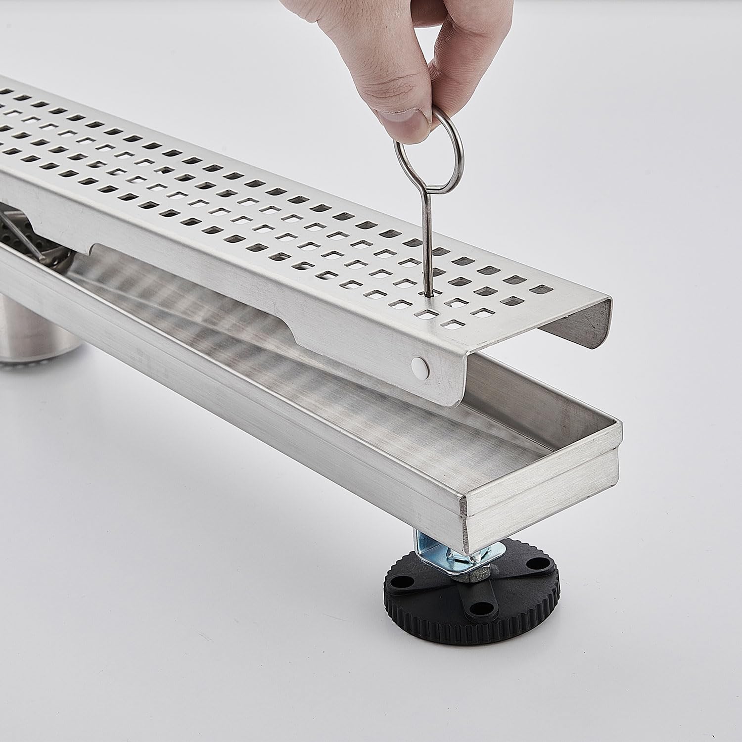 Linear Shower Floor Drain, Brushed Gold 12 Inch 304 Stainless Steel Bathroom Drains Kit, Long Rectangular Shower Trench Drain with Square Pattern Drain Cover & Hair Catcher