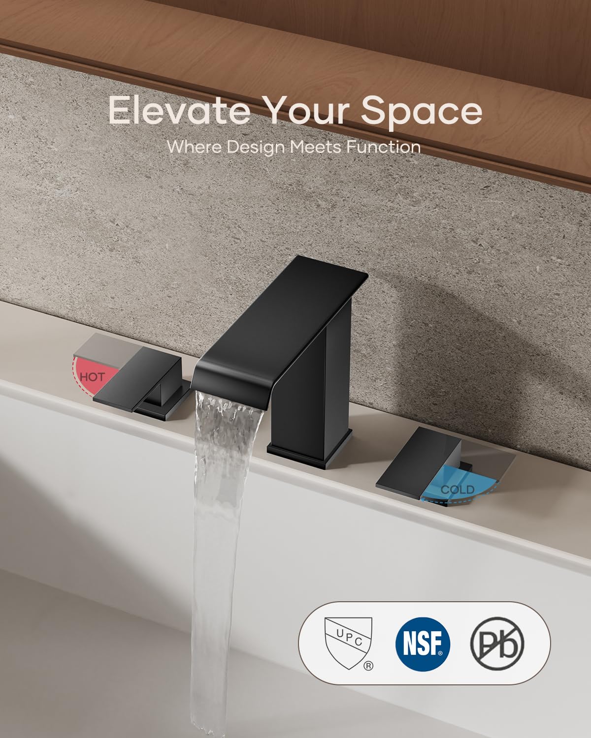 Matte Black Waterfall Bathroom Faucet 3 Hole, 8 Inch Widespread Modern 3 Piece Bathroom Sink Faucet, Touch On Lavatory Faucet for Vanity RV Restroom, Curved Spout