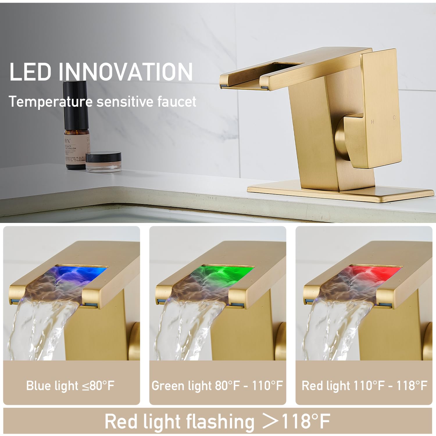 LED Bathroom Sink Faucet, Brushed Gold Waterfall Single Hole Handle Vanity Faucets for Sinks 1 Hole with Metal Pop Up Drain and 2 Water Supply Lines, Side Handle