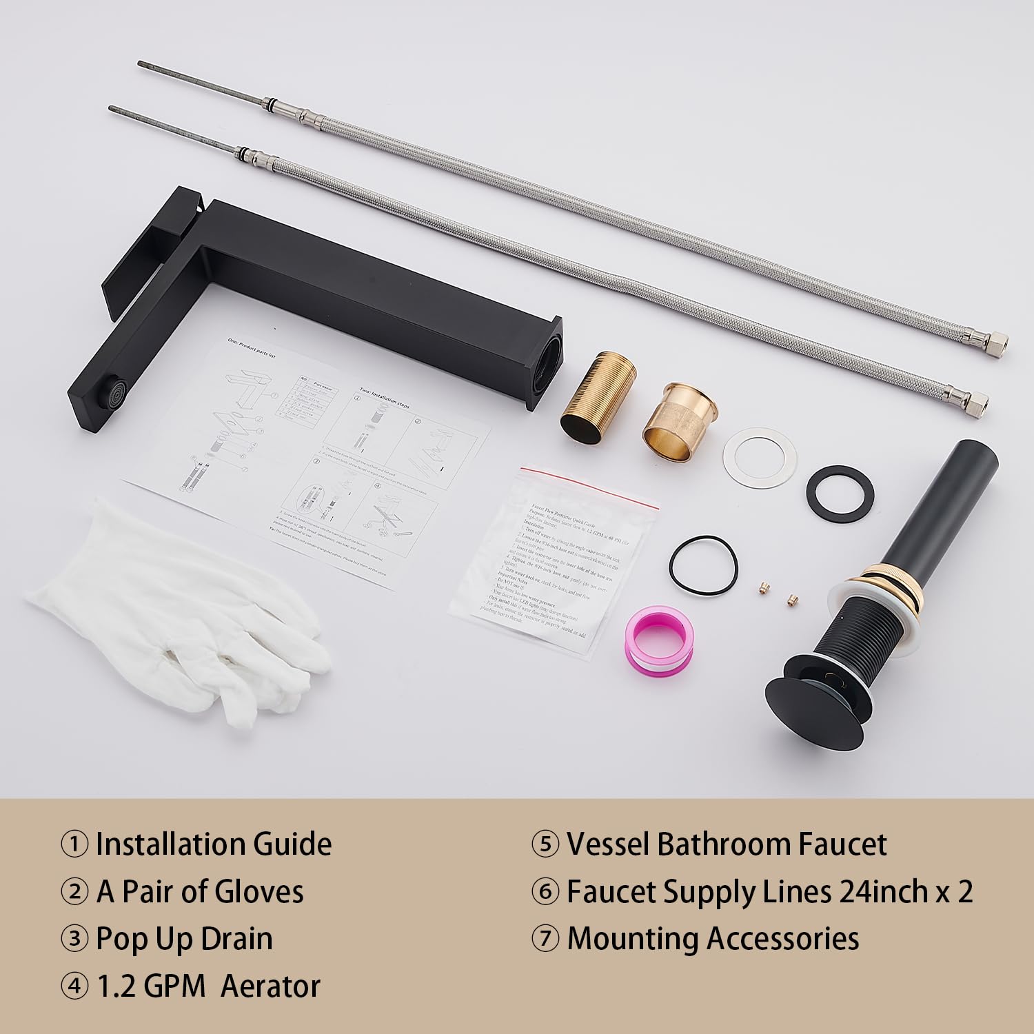 Matte Black Bathroom Faucet, Single Hole Vanity Bath Faucet, Single Handle Modern Stainless Steel Bathroom Faucets for Sink 1 Hole with Pop Up Drain Stopper & Water Supply Hoses