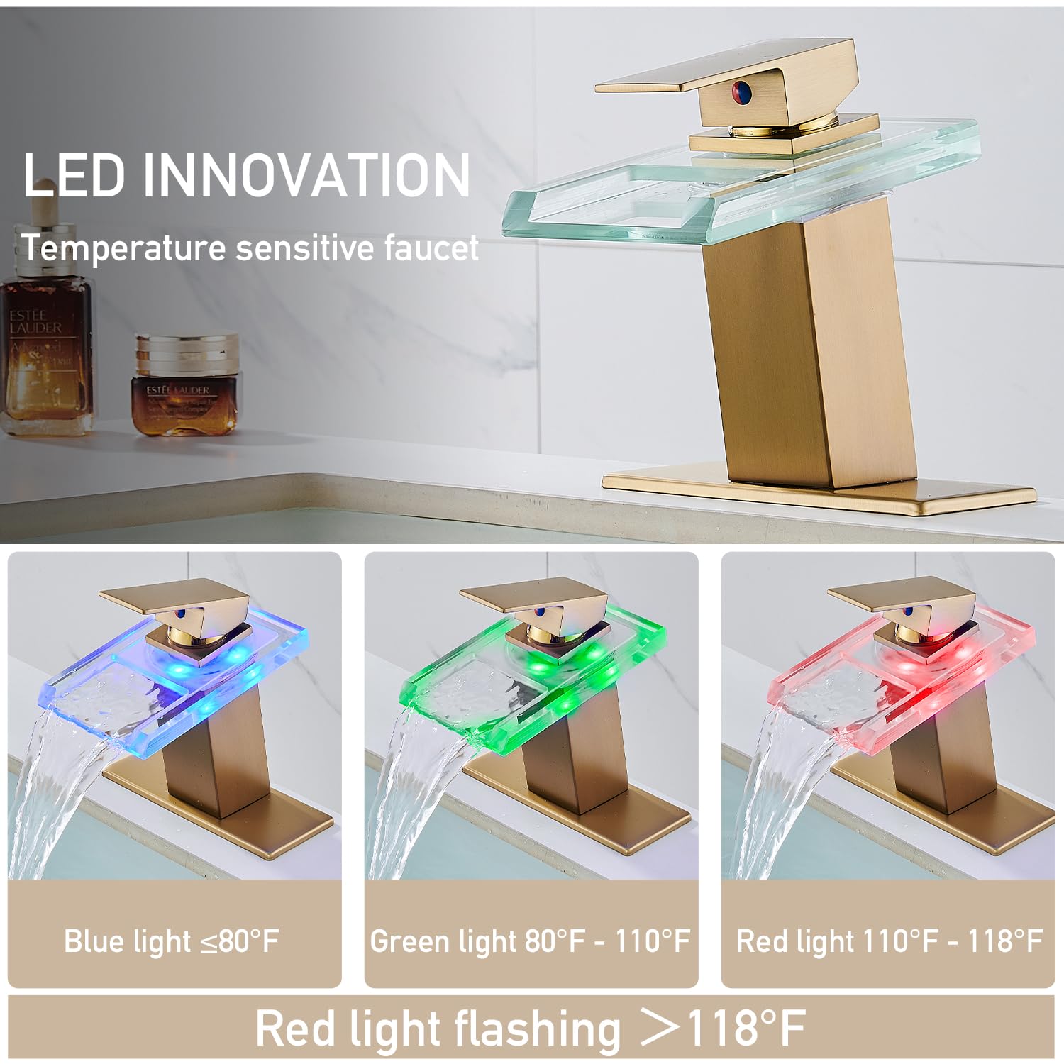 LED Bathroom Sink Faucet, Brushed Gold Waterfall Single Hole Handle Vanity Faucets for Sinks 1 Hole with Metal Pop Up Drain and 2 Water Supply Lines, Open Glass Spout