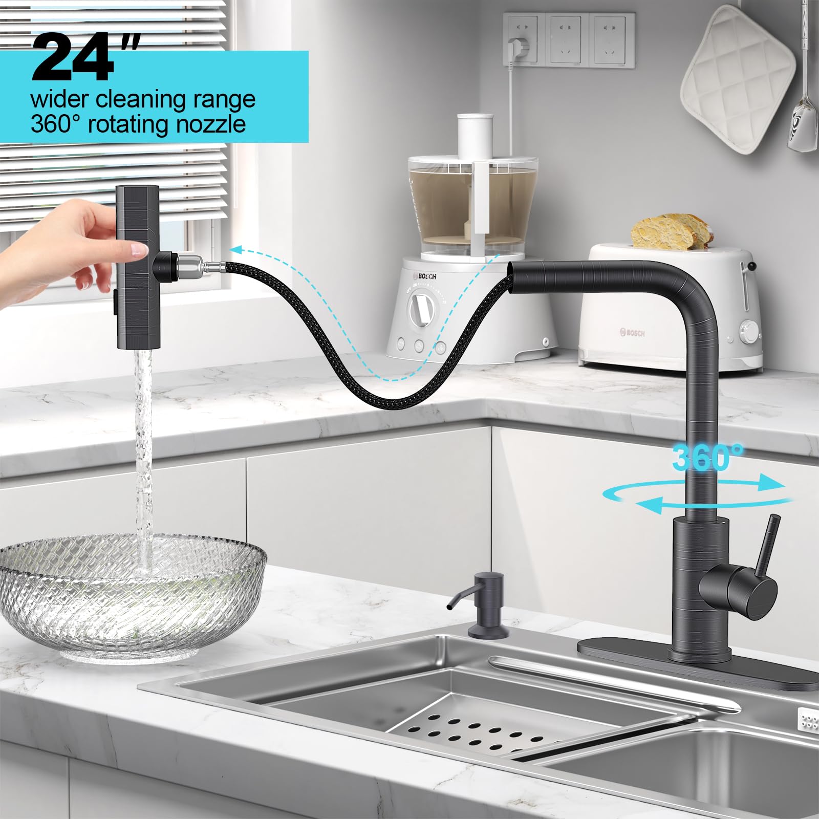 Brushed Nickel Kitchen Faucets with Pull Down Sprayer & Soap Dispenser, Single Hole & Handle, Pull Out Tap, Waterfall Stainless Steel Sink Faucet for Farmhouse Camper Laundry Rv Bar