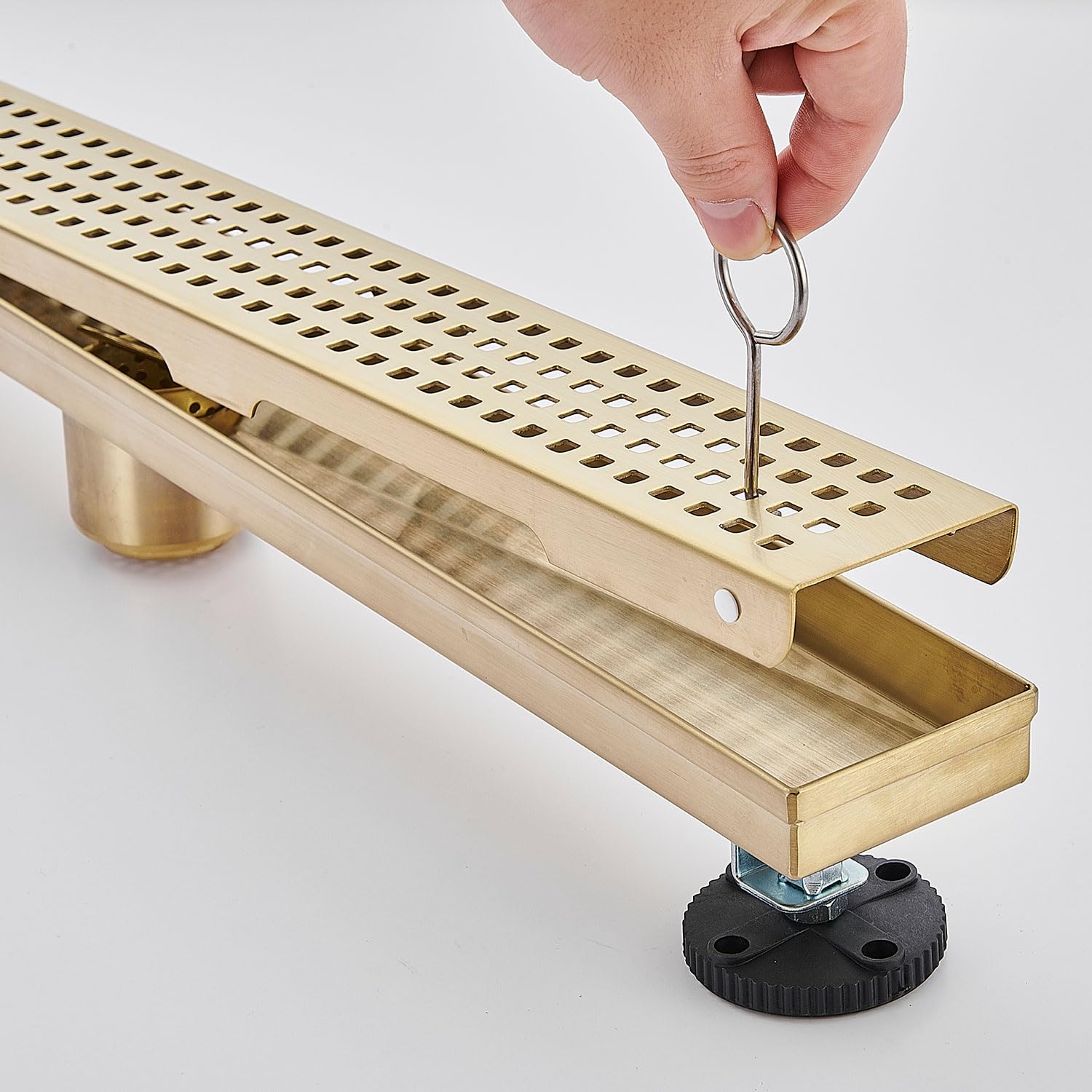 Linear Shower Floor Drain, Brushed Gold 12 Inch 304 Stainless Steel Bathroom Drains Kit, Long Rectangular Shower Trench Drain with Square Pattern Drain Cover & Hair Catcher