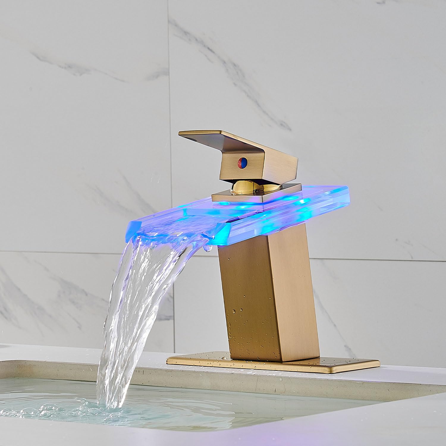 LED Bathroom Sink Faucet, Brushed Gold Waterfall Single Hole Handle Vanity Faucets for Sinks 1 Hole with Metal Pop Up Drain and 2 Water Supply Lines, Open Glass Spout