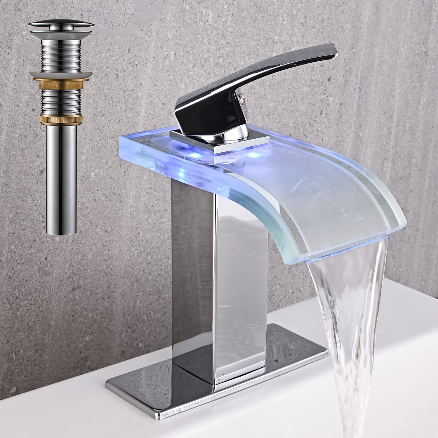 LED Bathroom Sink Faucet, Brushed Nickel Waterfall Single Hole Handle Vanity Faucets for Sinks 1 Hole with Metal Pop Up Drain and 2 Water Supply Lines, Wide Glass Spout