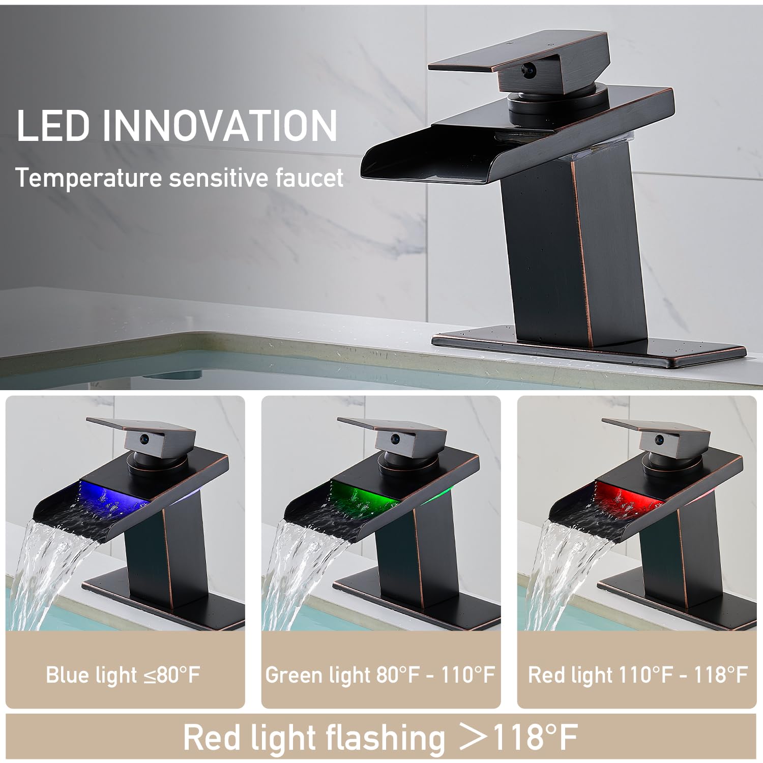 LED Bathroom Sink Faucet, Brushed Gold Waterfall Single Hole Handle Vanity Faucets for Sinks 1 Hole with Metal Pop Up Drain and 2 Water Supply Lines, Open Glass Spout