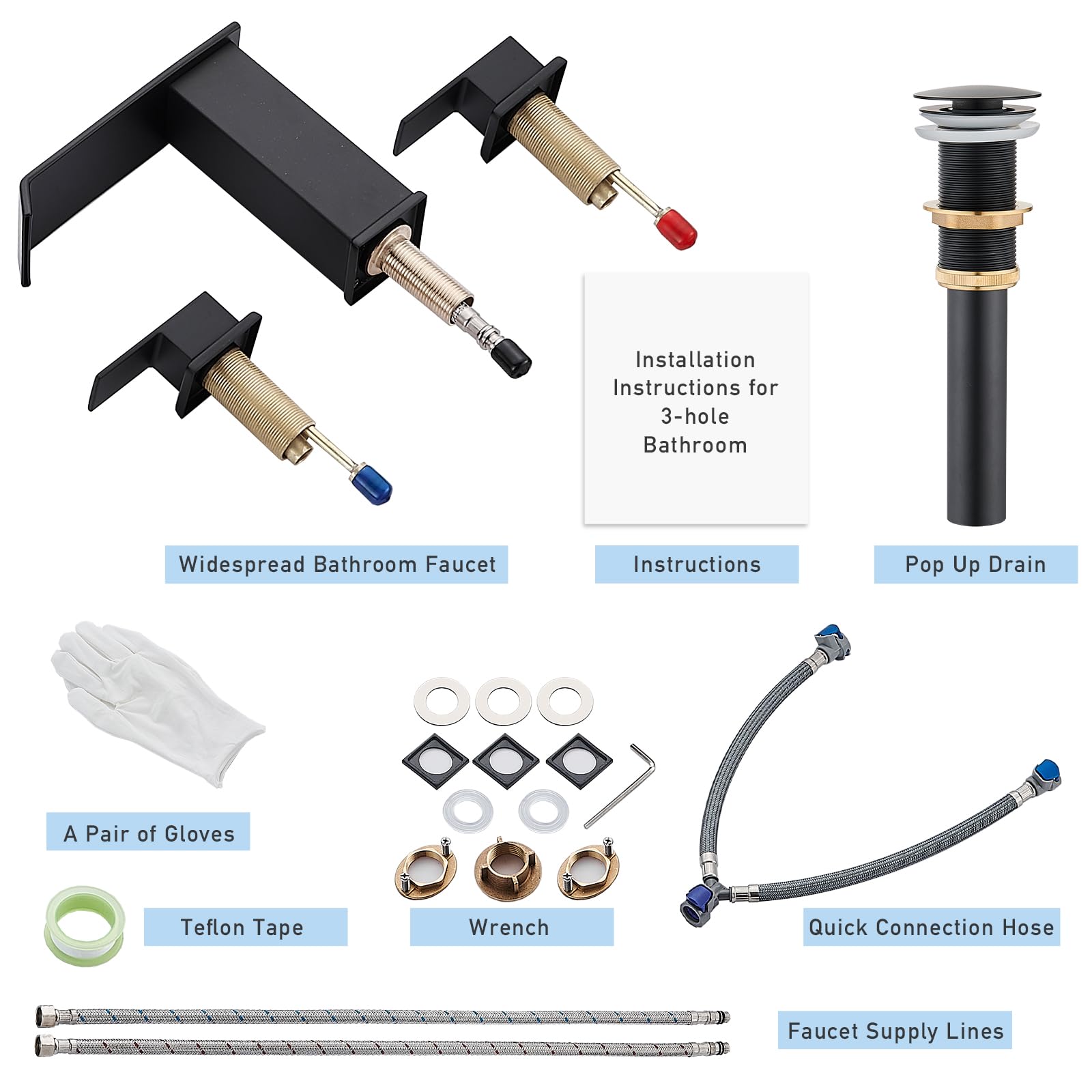 Matte Black Waterfall Bathroom Faucet 3 Hole, 8 Inch Widespread Modern 3 Piece Bathroom Sink Faucet, Touch On Lavatory Faucet for Vanity RV Restroom, Curved Spout