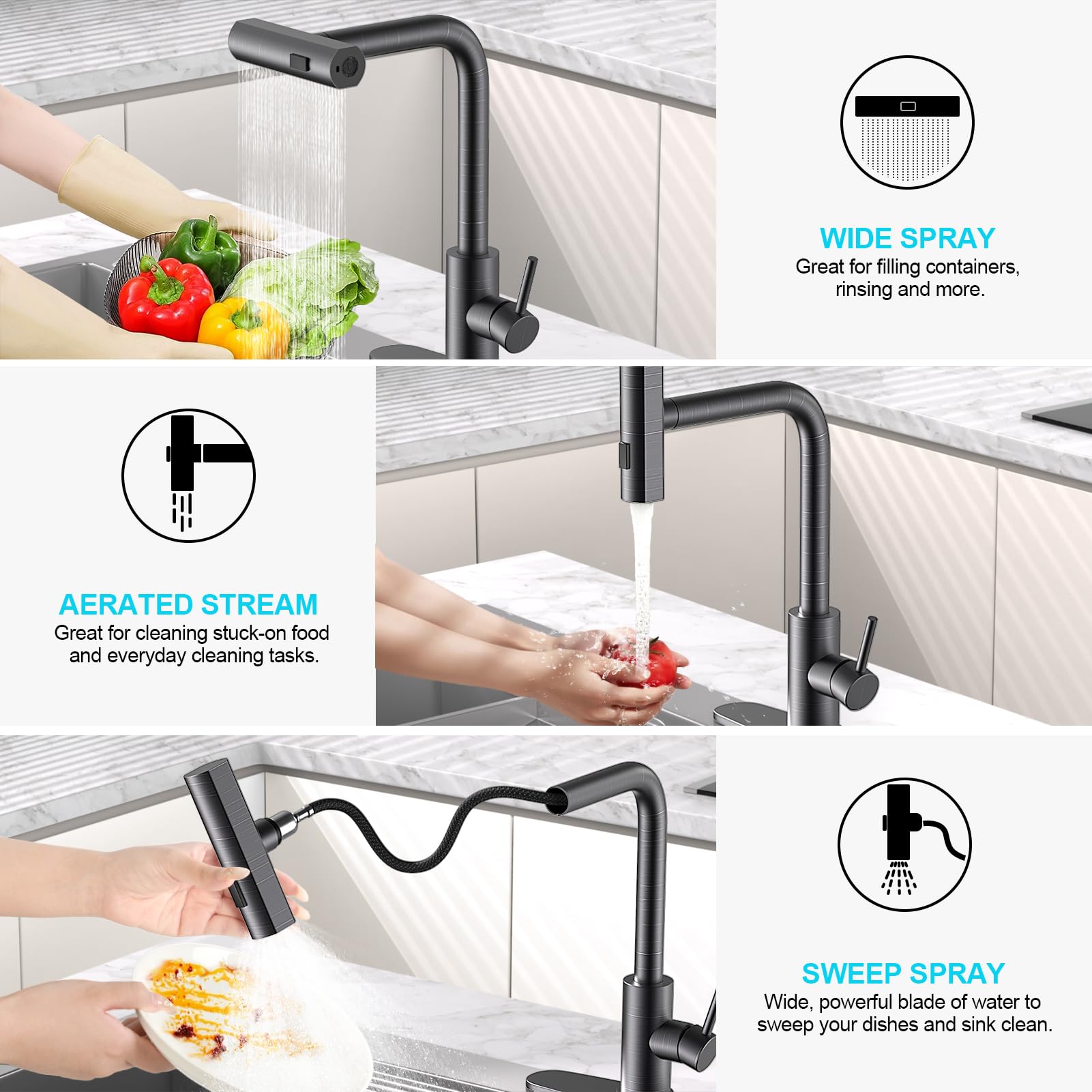 Brushed Nickel Kitchen Faucets with Pull Down Sprayer & Soap Dispenser, Single Hole & Handle, Pull Out Tap, Waterfall Stainless Steel Sink Faucet for Farmhouse Camper Laundry Rv Bar