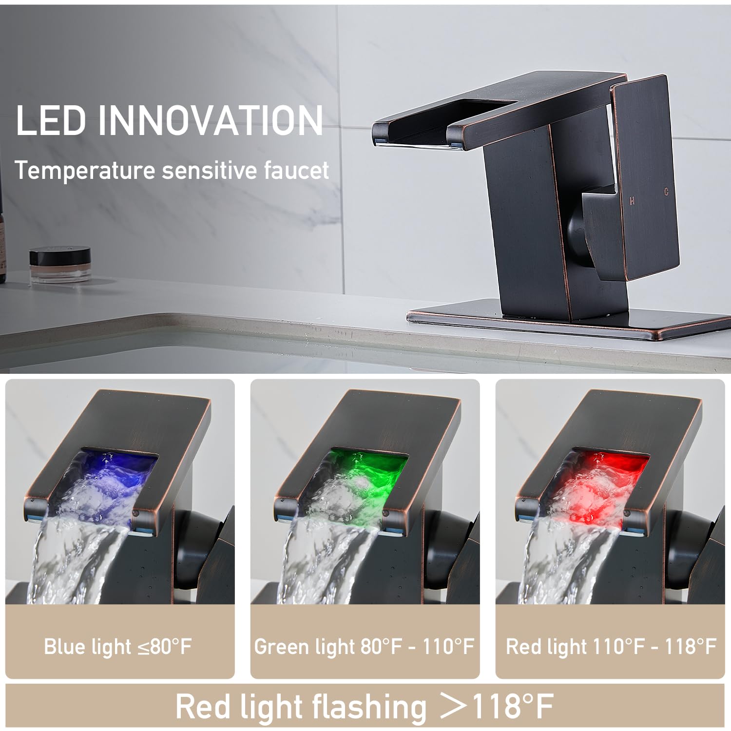 LED Bathroom Sink Faucet, Brushed Gold Waterfall Single Hole Handle Vanity Faucets for Sinks 1 Hole with Metal Pop Up Drain and 2 Water Supply Lines, Side Handle