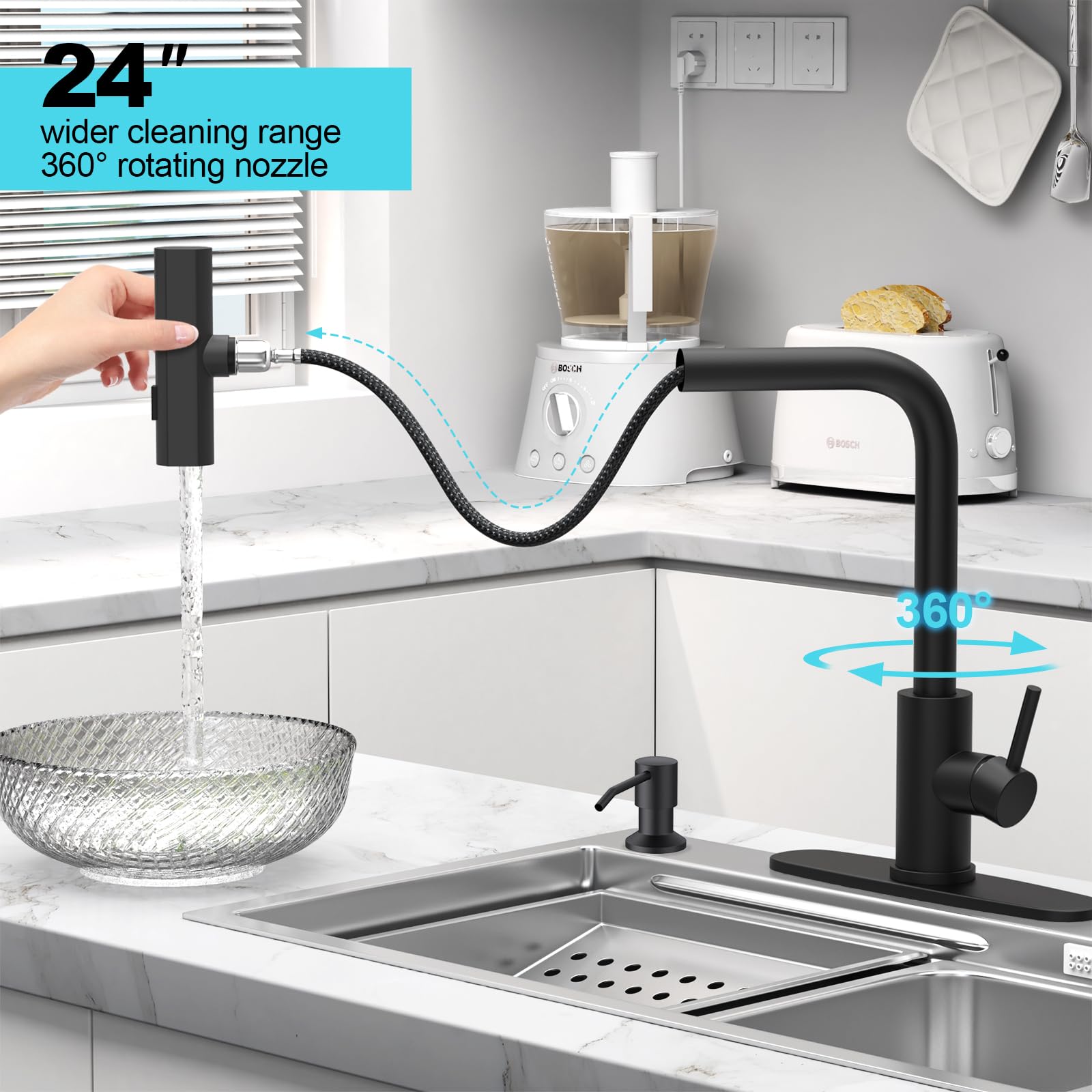 Brushed Nickel Kitchen Faucets with Pull Down Sprayer & Soap Dispenser, Single Hole & Handle, Pull Out Tap, Waterfall Stainless Steel Sink Faucet for Farmhouse Camper Laundry Rv Bar