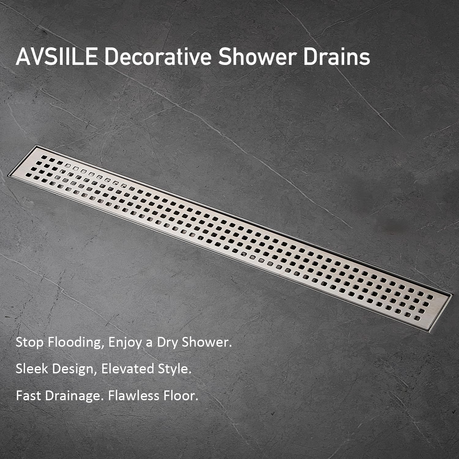 Linear Shower Floor Drain, Brushed Gold 12 Inch 304 Stainless Steel Bathroom Drains Kit, Long Rectangular Shower Trench Drain with Square Pattern Drain Cover & Hair Catcher