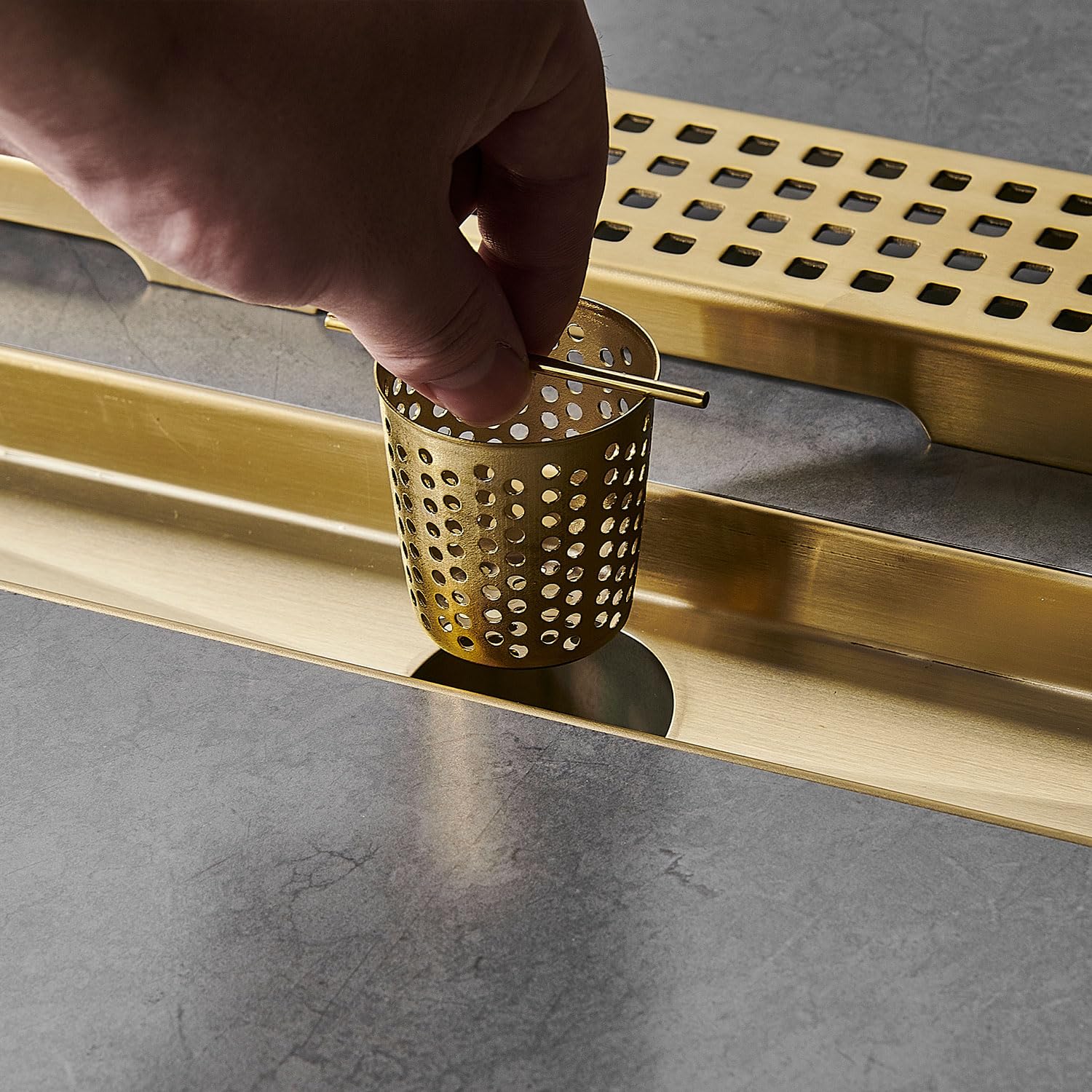 Linear Shower Floor Drain, Brushed Gold 12 Inch 304 Stainless Steel Bathroom Drains Kit, Long Rectangular Shower Trench Drain with Square Pattern Drain Cover & Hair Catcher