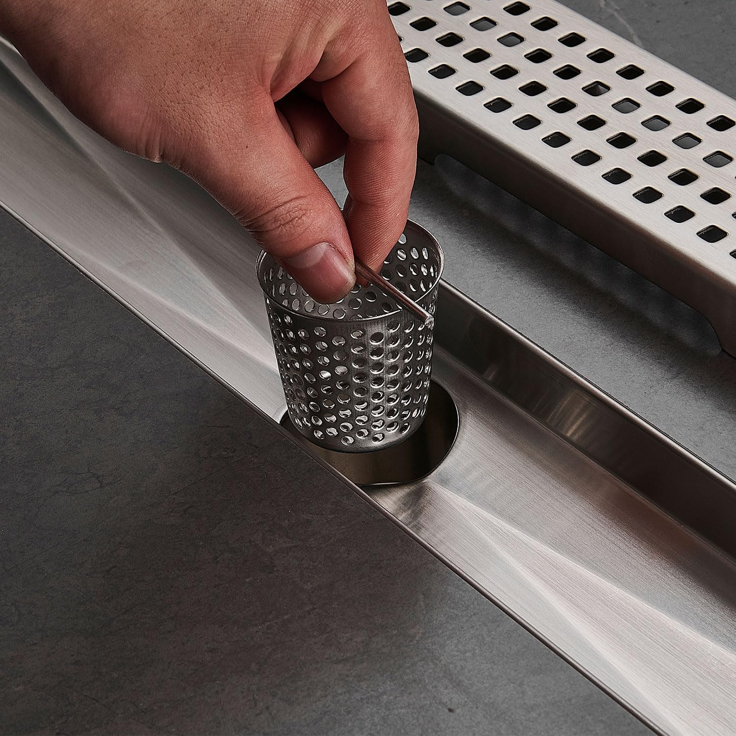 Linear Shower Floor Drain, Brushed Gold 12 Inch 304 Stainless Steel Bathroom Drains Kit, Long Rectangular Shower Trench Drain with Square Pattern Drain Cover & Hair Catcher