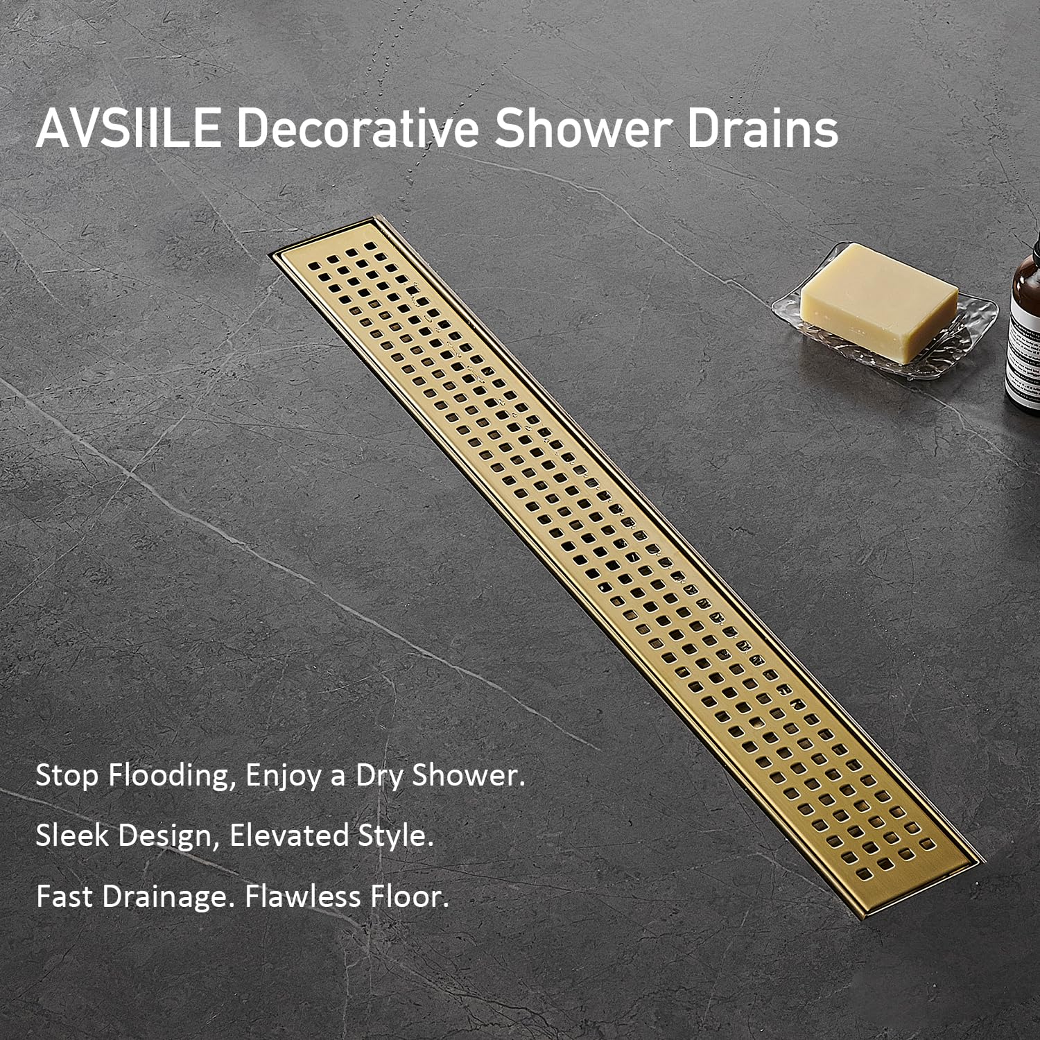 Linear Shower Floor Drain, Brushed Gold 12 Inch 304 Stainless Steel Bathroom Drains Kit, Long Rectangular Shower Trench Drain with Square Pattern Drain Cover & Hair Catcher