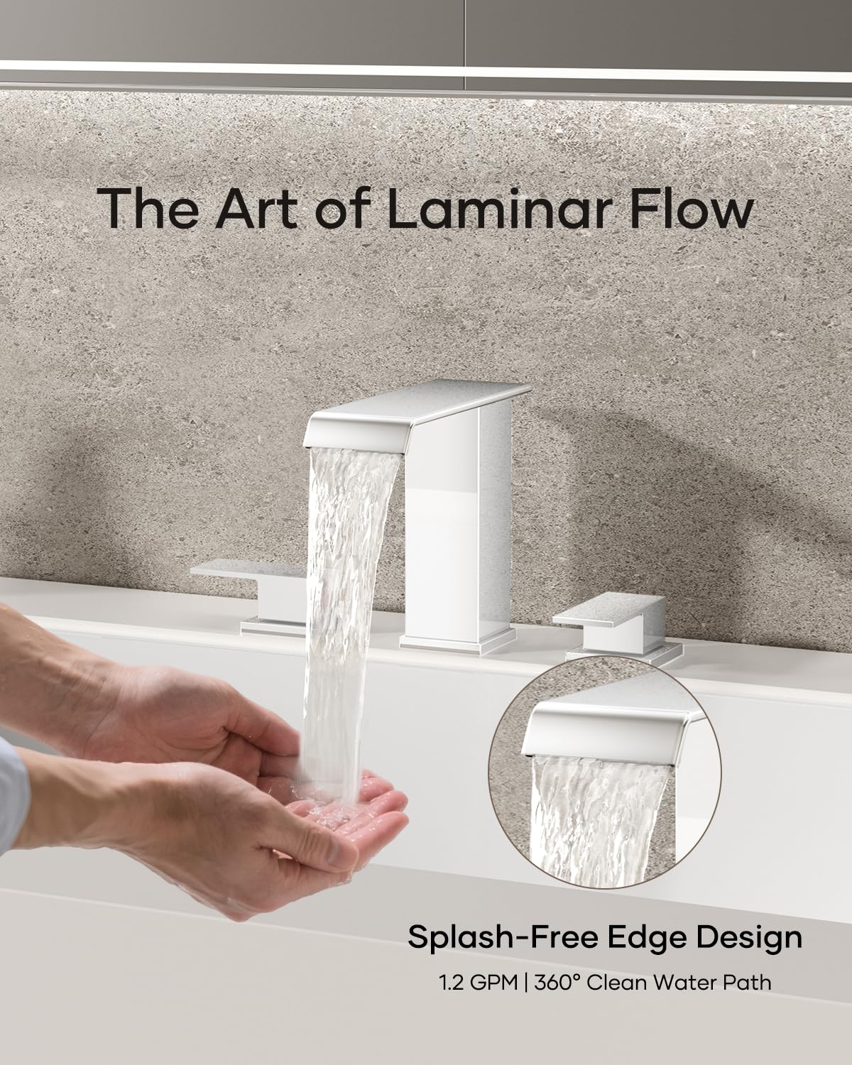 Matte Black Waterfall Bathroom Faucet 3 Hole, 8 Inch Widespread Modern 3 Piece Bathroom Sink Faucet, Touch On Lavatory Faucet for Vanity RV Restroom, Curved Spout