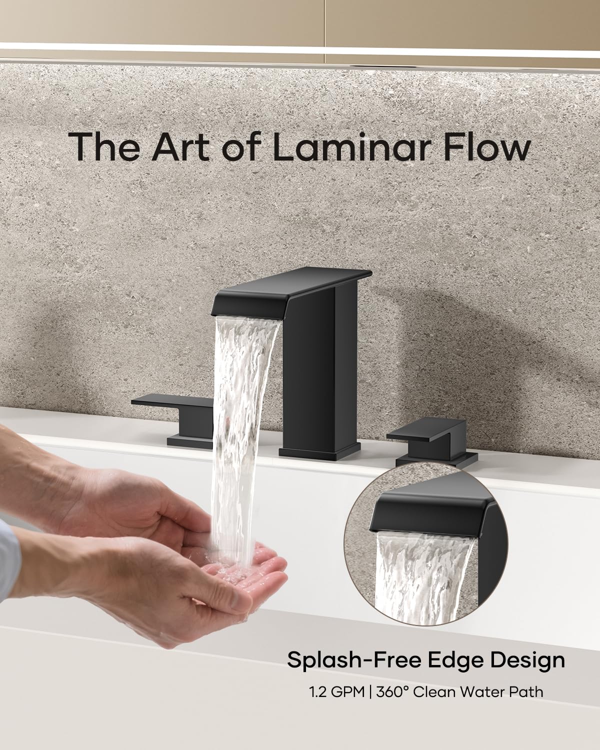 Matte Black Waterfall Bathroom Faucet 3 Hole, 8 Inch Widespread Modern 3 Piece Bathroom Sink Faucet, Touch On Lavatory Faucet for Vanity RV Restroom, Curved Spout