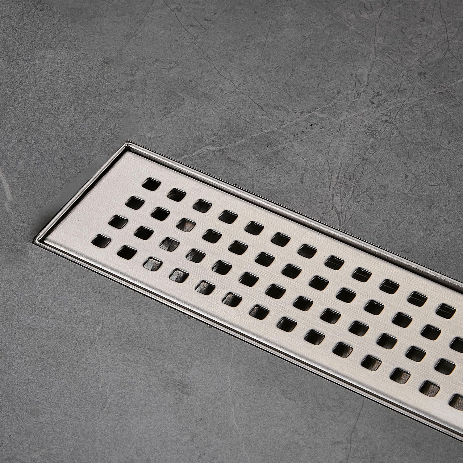 Linear Shower Floor Drain, Brushed Gold 12 Inch 304 Stainless Steel Bathroom Drains Kit, Long Rectangular Shower Trench Drain with Square Pattern Drain Cover & Hair Catcher